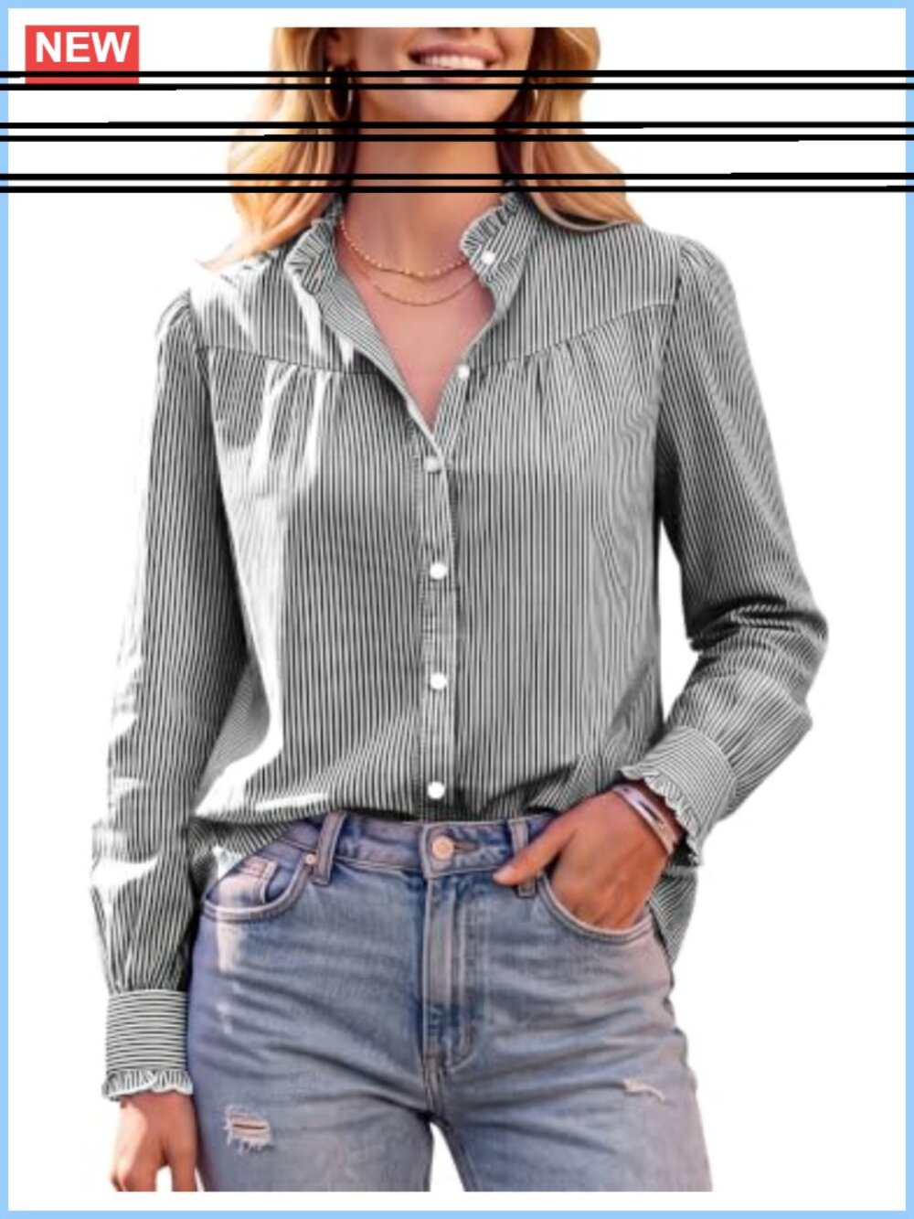 Striped Button Down Blouse Long Sleeve Ruffled Collar Office Top